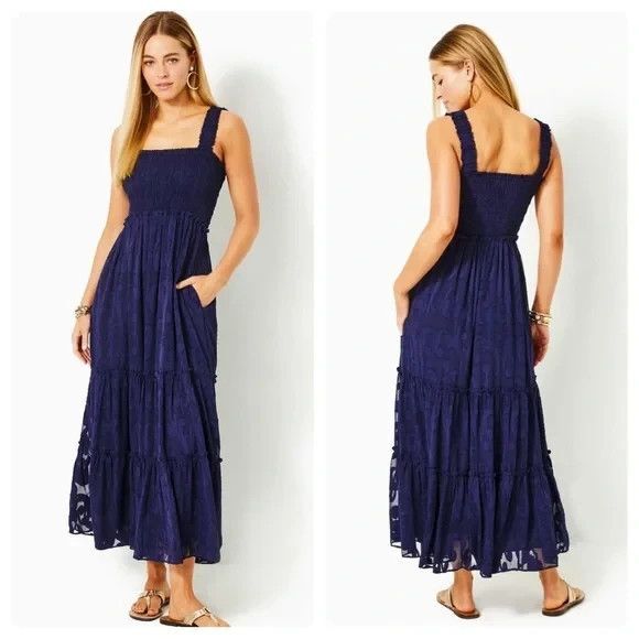 Lilly Pulitzer Dresses & Skirts - Lilly Pulitzer Hadley Smocked Maxi Dress in Navy Blue Crepe Swirl